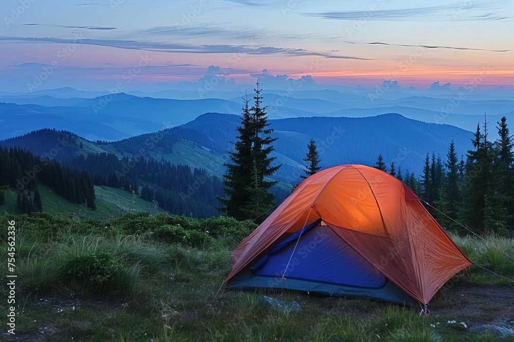 Serene mountain camping scene Dawn light illuminating a cozy tent