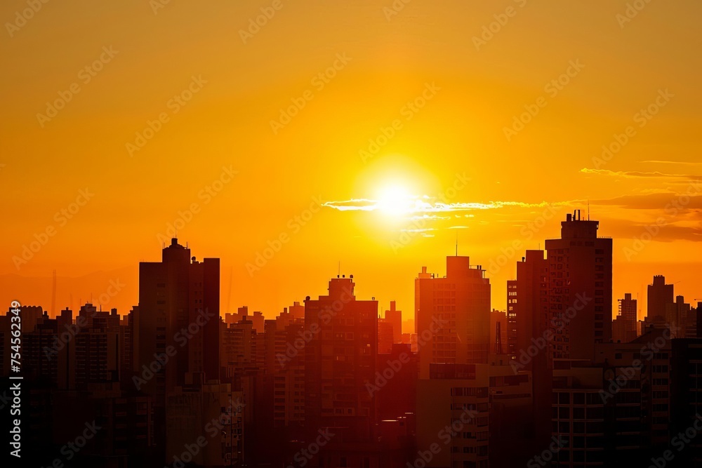 Silhouette of a city skyline against a golden sunset sky The warmth of the sun casting a soft glow over urban buildings