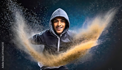 Dust Explosion Effect hooded teenager leaps into the air  isolated on a dark background 