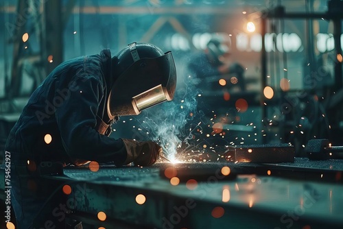 Welder at work Industrial setting with sparks Skilled labor concept