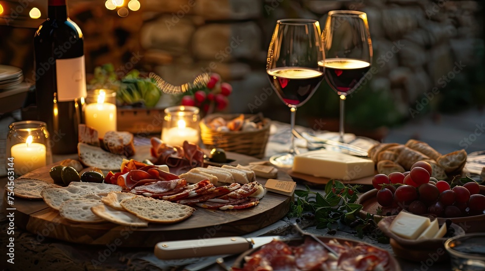 arrangement of cheese and meat snacks on a wooden board with a glass of wine. Various shapes, colors and textures of cheeses and meats, as well as garnishes such as olives, nuts or fruits.