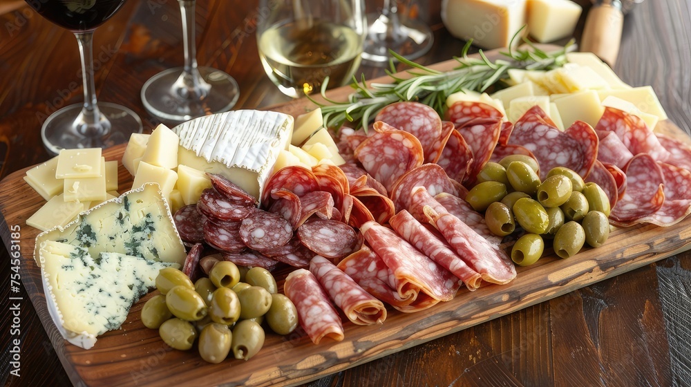 arrangement of cheese and meat snacks on a wooden board with a glass of wine. Various shapes, colors and textures of cheeses and meats, as well as garnishes such as olives, nuts or fruits. arrangement of cheese and meat snacks on a wooden board with a glass of wine. Various shapes, colors and textures of cheeses and meats, as well as garnishes such as olives, nuts or fruits.