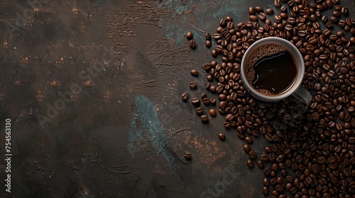 A coffee cup and coffee beans arranged on a kitchen table. The view is from above, leaving space for your text