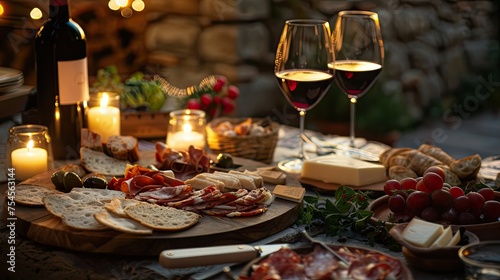 arrangement of cheese and meat snacks on a wooden board with a glass of wine. Various shapes, colors and textures of cheeses and meats, as well as garnishes such as olives, nuts or fruits.