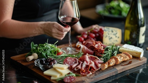 arrangement of cheese and meat snacks on a wooden board with a glass of wine. Various shapes, colors and textures of cheeses and meats, as well as garnishes such as olives, nuts or fruits.