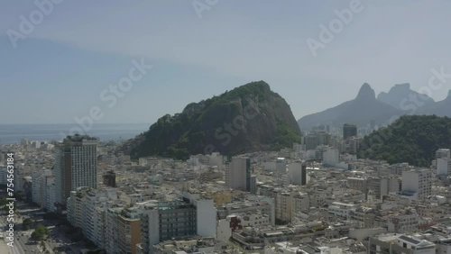 Drone, aerial footage of Copacabana Beach Panorama in Rio de Janeiro on the summer sunny day