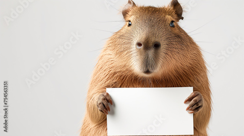 Cute capybara holding a blank white card, copy space on the left
