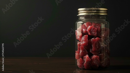 glass jar with canned meat on a rustic wooden table. In the background are elements such as fresh produce or farming tools to reinforce the concept of organic farming.
