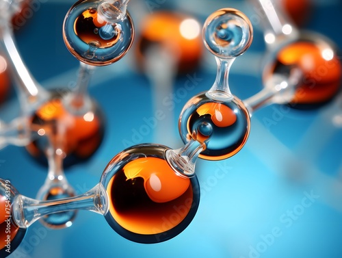 A close up of a series of glass spheres with a blue background