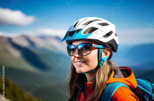 Woman wearing helmet and sunglasses glasses stands confidently before towering mountain backdrop ready for adventure, exploration.She may be gearing up for bicycle ride or some other outdoor activity.
