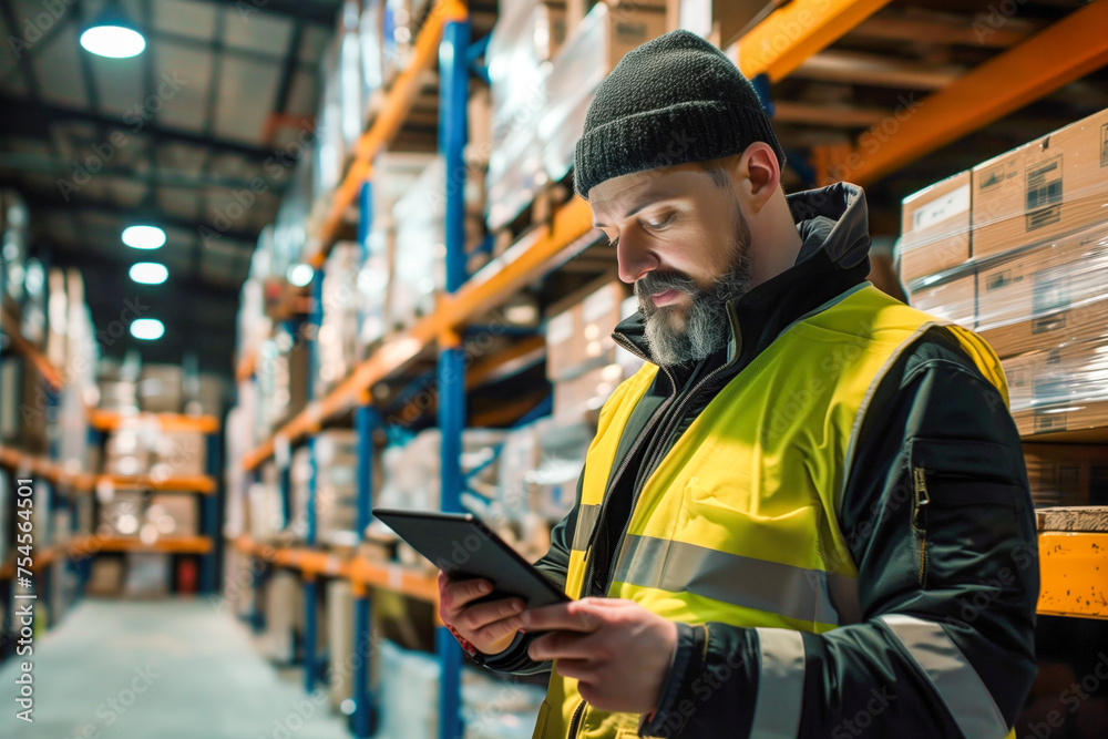 Worker in warehouse. Man checking stock in warehouse. Man taking notes on products in the company's warehouse. Worker in warehouse. Man checking stock in warehouse. Man taking notes on products in the company's warehouse.