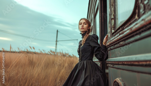 Portrait of a woman. Woman poses on an abandoned train. Photographic model in rehearsal on an inactive, abandoned train.