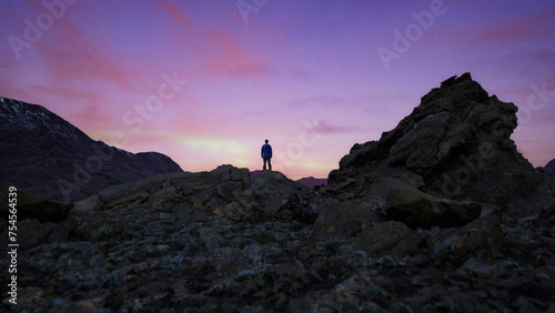 Adventurous Man Hiker on a rocky, rugged peak. Twilight, dramatic sky with stars and clouds. Colorful sunrise, sunset. 3d Rendering.