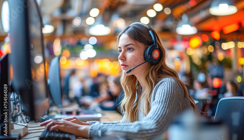 Girl with headset and microphone in communication center. Telemarketing girl talking to customers. photo