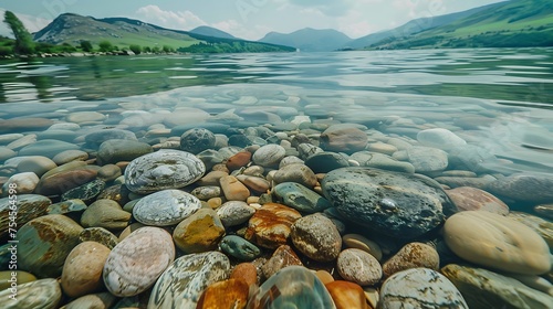 beautiful stones under water of a lake and hills in the background,
