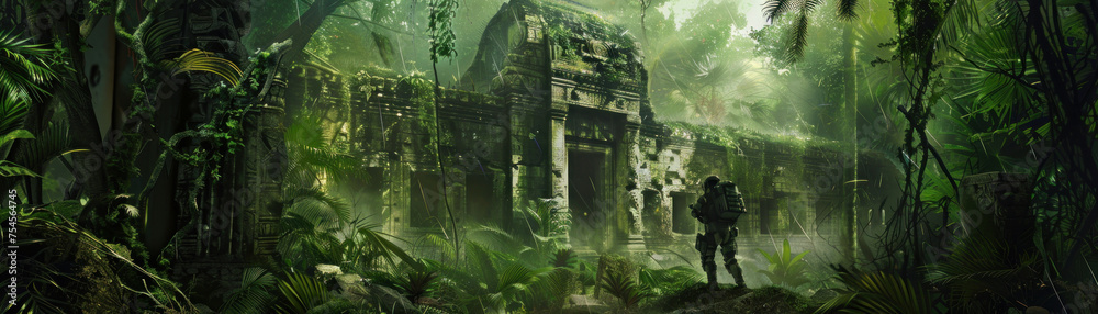 A robot exploring the ruins of an ancient civilization in a dense jungle