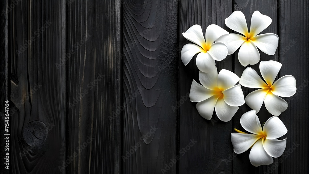 Obraz premium Serene White Frangipani Flowers on a Textured Black Wooden Background. A luxurious ebony background