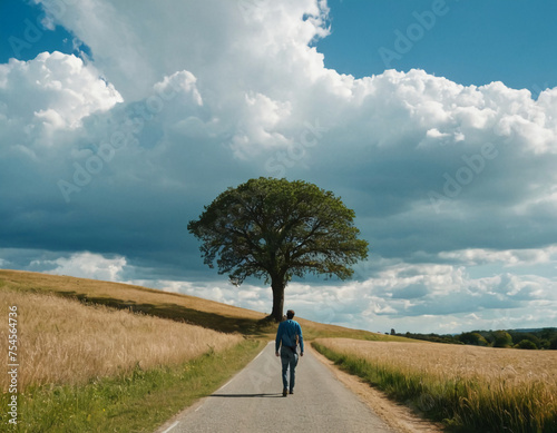 a lonely man walking on an empty country road path,