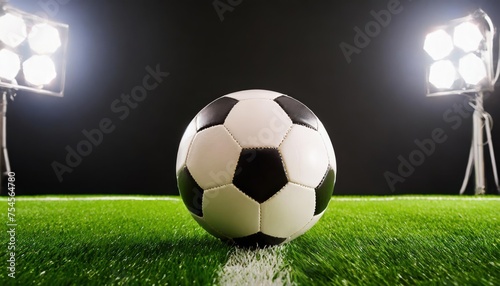 High quality photo. one black and white football ball over green turf of soccer field © blackdiamond67