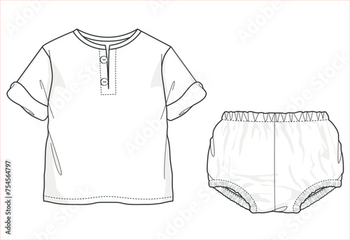 Adorable Designs for Newborns, Vector Illustrations of Baby Clothes, Flat Sketches, and Technical Drawings. Baby Clothing Collection and Sets. Bottom and top set designs for babies.