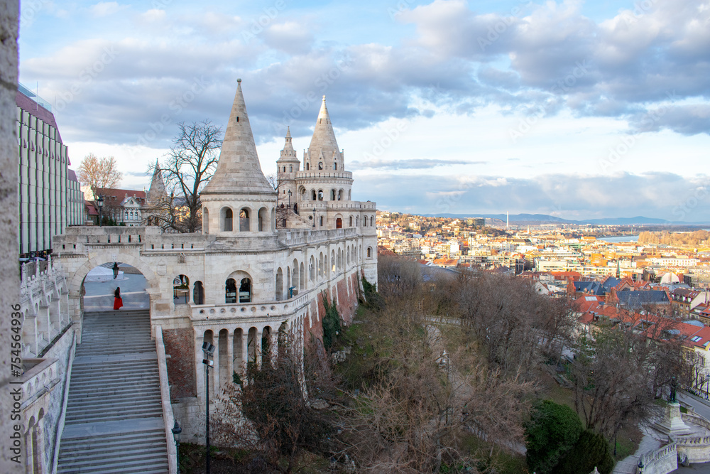 Matthias Church and Fisherman Bastion on Castle Hill in Budapest, Hungary 