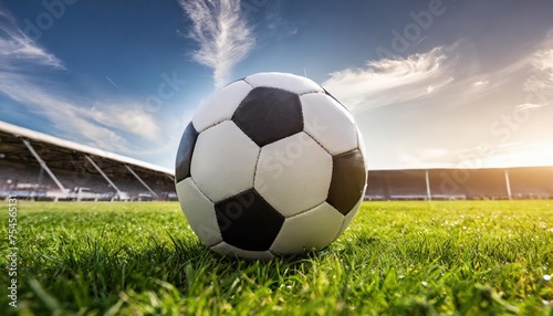 High quality photo. one black and white football ball over green turf of soccer field © blackdiamond67