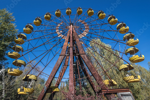 Ferris wheel in amusement park in Pripyat ghost city in Chernobyl Exclusion Zone, Ukraine