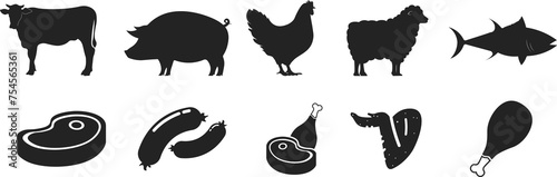 Bundle set pictogram icon of meats and animals, cow, pig, chickem, lamb, fish