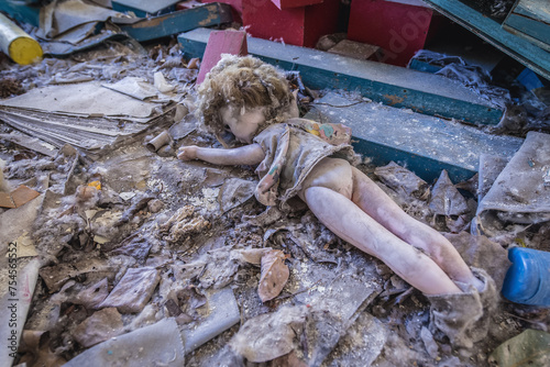 Old doll in Kindergarten No. 10 Cheburashka in Pripyat ghost city in Chernobyl Exclusion Zone, Ukraine