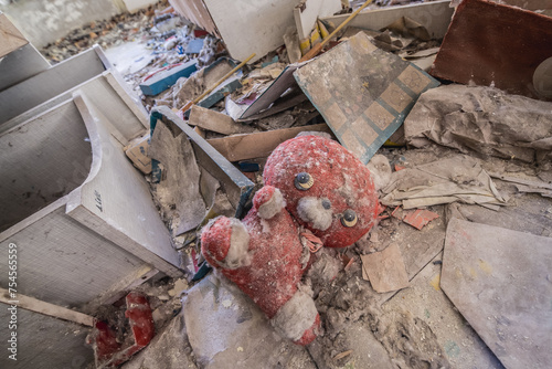 Toy in Kindergarten No. 10 Cheburashka in Pripyat ghost city in Chernobyl Exclusion Zone, Ukraine