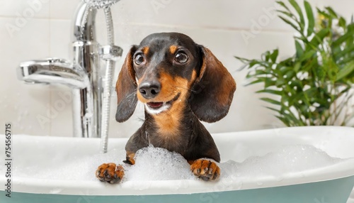 High quality photo. Dachshund dog, spoiled puppy sitting in bubble bathtub with suds, mouth © blackdiamond67