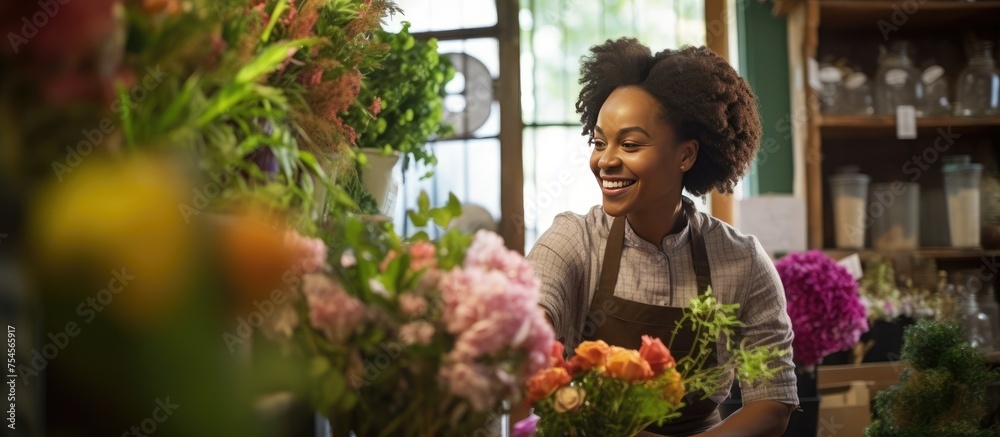 An African American woman, the florist, assists a customer in choosing flowers at a gardening center. The customer is carefully examining various flowers on display, exploring different colors and