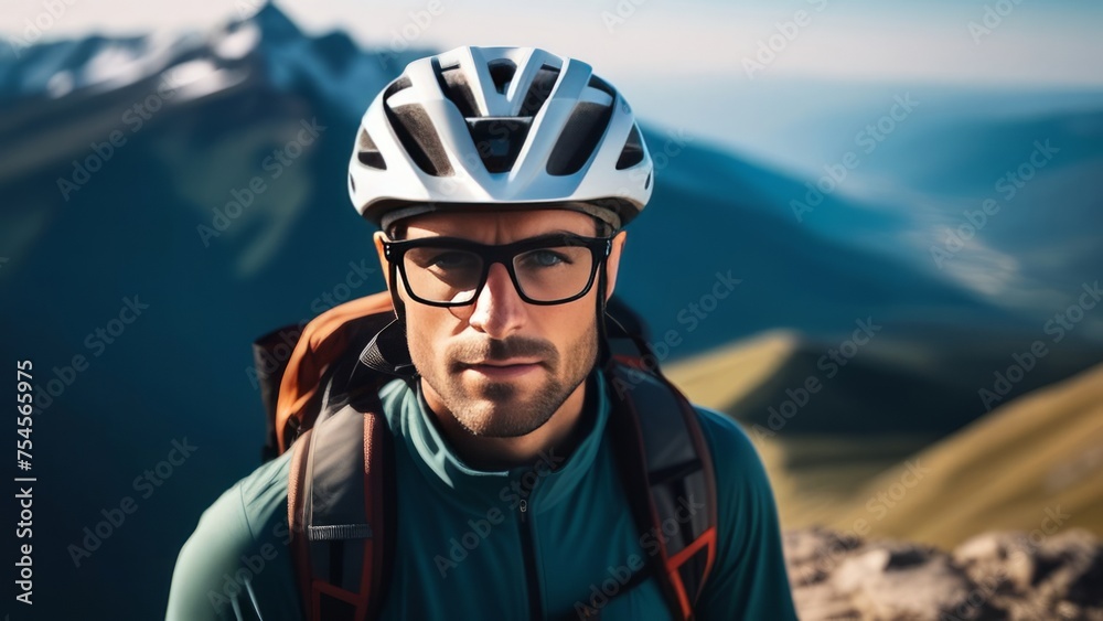 Man wearing helmet and glasses stands confidently before towering mountain backdrop ready for adventure and exploration. He may be gearing up for bicycle ride or some other outdoor activity. Man wearing helmet and glasses stands confidently before towering mountain backdrop ready for adventure and exploration. He may be gearing up for bicycle ride or some other outdoor activity.