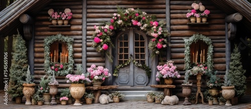 A wooden log cabin adorned with various potted plants and vibrant flowers, creating a charming and inviting atmosphere. The plants are neatly arranged around the cabin, enhancing its rustic aesthetic.