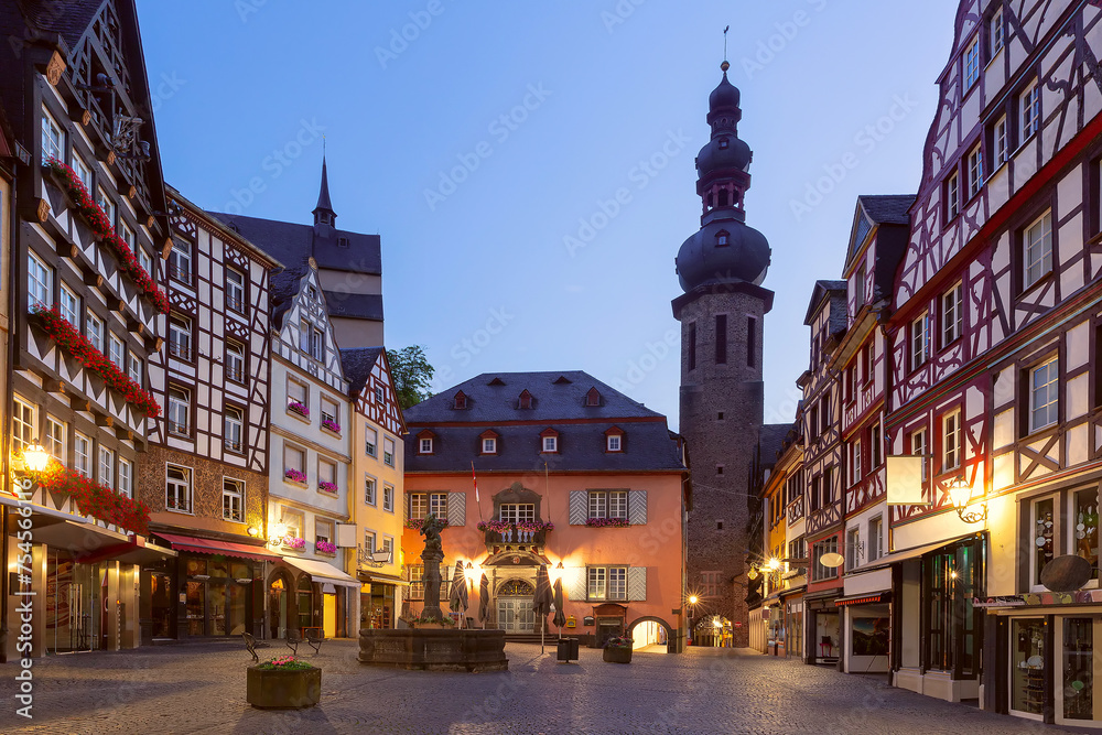 Cochem Town Hall, Saint Martin Church and Market square at night, Germany