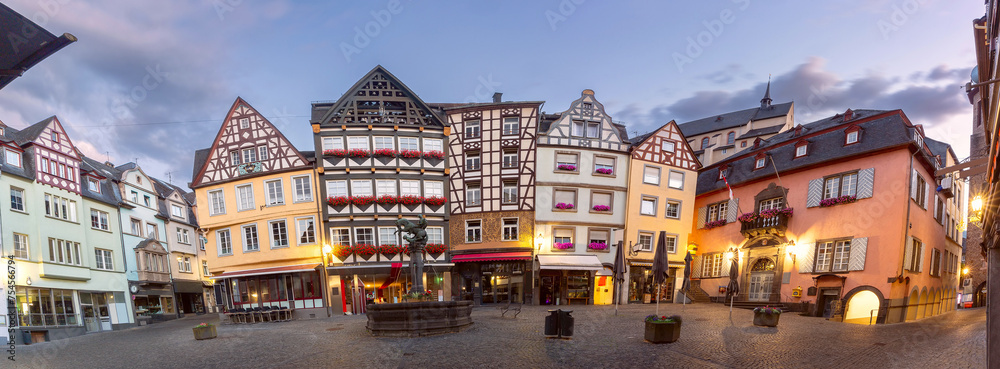 Panorama of Market square in Cochem at dawn, beautiful town on romantic Moselle river, Germany