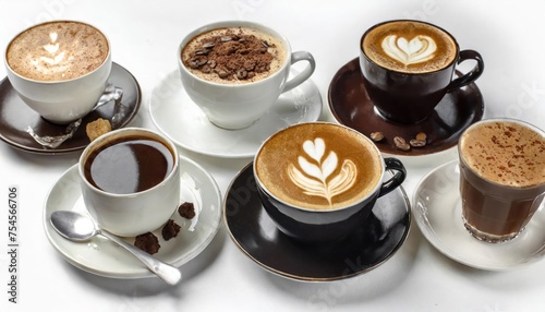 High quality photo. Set with different types of coffee cup, cappuccino, black coffee, Choco 