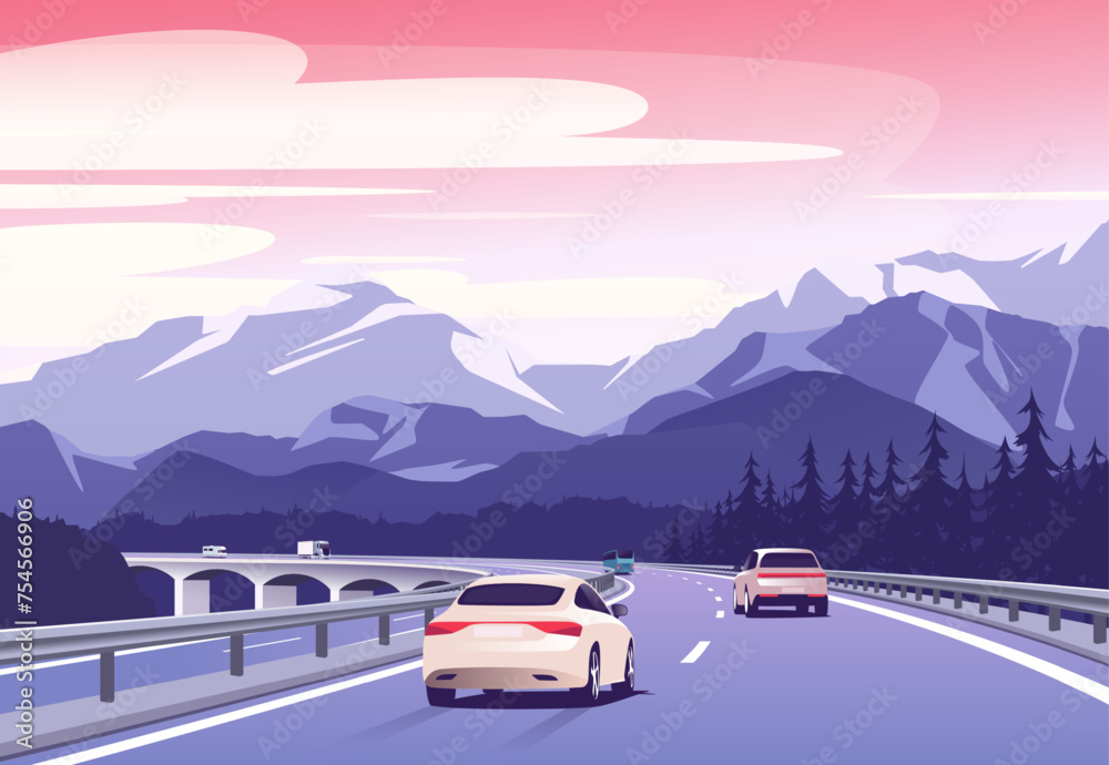 Vector illustration of a cars driving on a bridge over a valley in the mountains