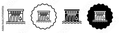 Hydroelectric power plant set in black and white color. Hydroelectric power plant simple flat icon vector