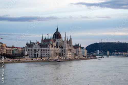 Beautiful sunset over Parliament Building and Danube River in Budapest, Hungary.  © Maciej