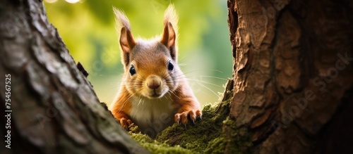 A cute fluffy squirrel from Europe with tufts on its ears and dark eyes is peeking out from behind a tree trunk. The squirrel appears cautious and curious, observing its surroundings in a green summer