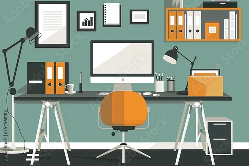 home office desk with computer illustration