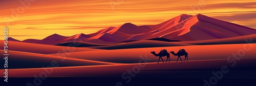 Sunset Serenity over the Gobi Desert with Camels Silhouetted Against the Glowing Sky