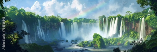 Iguazu Falls' Majestic Water Curtain amidst Lush Rainforest and Rainbow photo