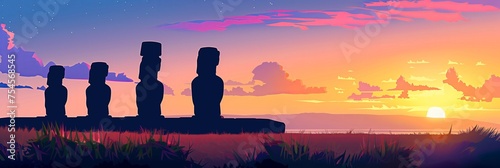 Moai Statues Overlooking the Ocean at Sunset on Easter Island photo