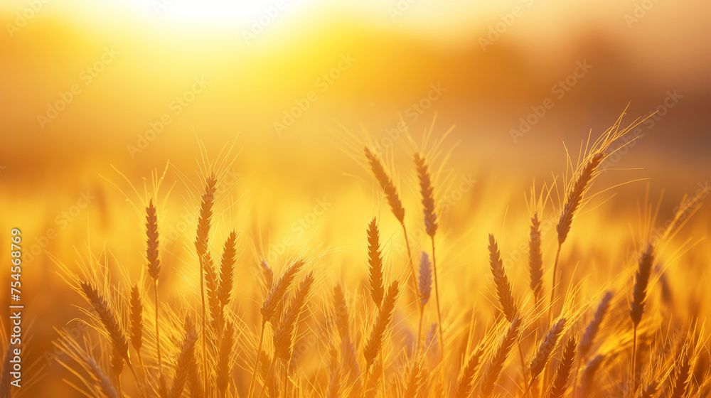 Harvest wheat field and golden sky Harvest wheat field and golden sky