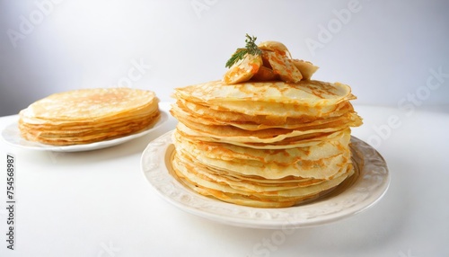 High-quality photo . Beautiful Stack of traditional Russian pancakes blini on gray background