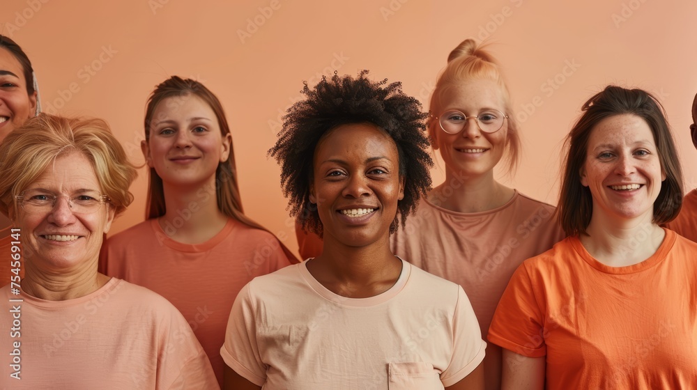 Diverse group of women wearing matching colors for a cause. Unity and strength concept with a focus on a smiling woman in the center. - obrazy, fototapety, plakaty 