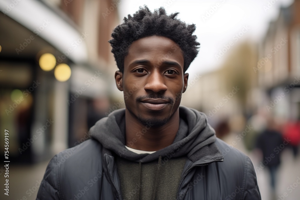 Black Man in his 20s or 30s talking head shoulders shot bokeh out of focus background on a cosmopolitan western street vox pop website review or questionnaire candid photo - obrazy, fototapety, plakaty 