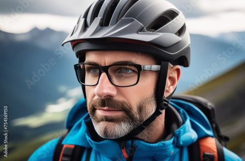 Man wearing helmet and glasses stands confidently before towering mountain backdrop ready for adventure and exploration. He may be gearing up for bicycle ride or some other outdoor activity.